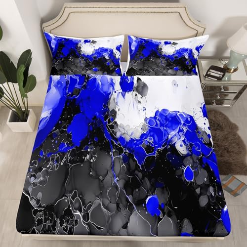 Abstract Art Fitted Sheet Blue Bed Sheets | Ombre Marble Texture Ink Fluid Art Gradient Black Marbling Sheets Queen Size Bed Set - color: Blue, size: Queen
