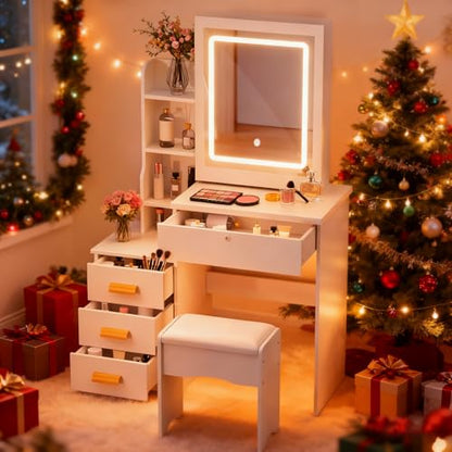 Vanity Desk with Mirror and Lights,Makeup Vanity with Extra Hidden Stroage,Makeup Desk with 4 Drawers 7 Open Shelves,Dressing Table for Bedroom,3 Color Light Modes,Small Vanity Desk（US Fast Arrival）