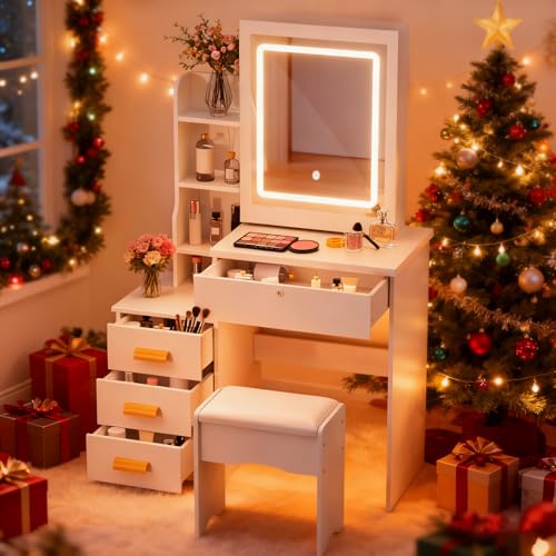 Vanity Desk with Mirror and Lights,Makeup Vanity with Extra Hidden Stroage,Makeup Desk with 4 Drawers 7 Open Shelves,Dressing Table for Bedroom,3 Color Light Modes,Small Vanity Desk（US Fast Arrival）