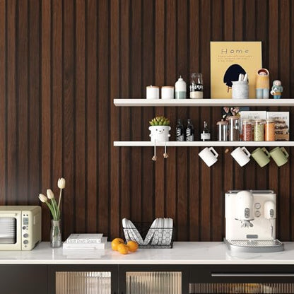 LACHEERY 15.8"x276" Brown Slat Wood Peel and Stick Wallpaper Dark Wood Panel Wallpaper Removable Self Adhesive Wooden Slats Wallpaper Wood Contact Paper for Bedroom Living Room Walls Waterproof Vinyl - color: Dark Brown, size: 15.8" x 276"