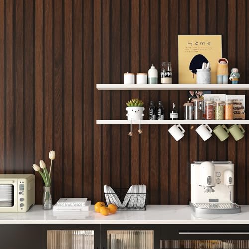 LACHEERY 15.8"x276" Brown Slat Wood Peel and Stick Wallpaper Dark Wood Panel Wallpaper Removable Self Adhesive Wooden Slats Wallpaper Wood Contact Paper for Bedroom Living Room Walls Waterproof Vinyl - color: Dark Brown, size: 15.8" x 276"