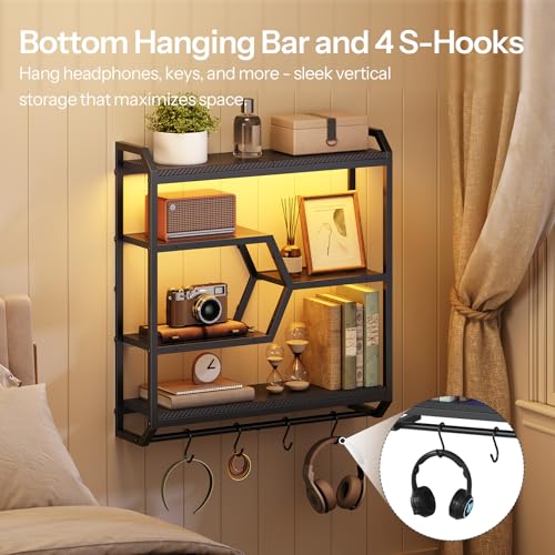 HOOBRO Gaming Floating Shelf with LED Lights, 27.5" LED Wall Mounted Shelf with Hanging Rod & 4 S-Hooks, 4-Tier Hanging Display Rack, for Living Room, Gaming Room, Black BB71DBJ01 - color: Black