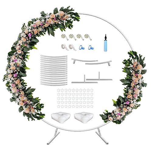 7 Ft Round Wedding Arch Stand with Metal Base for Flower Balloon Decoration, Circle Backdrop Stand Frame for Ceremony, Birthday Party, Baby Shower, White - color: White