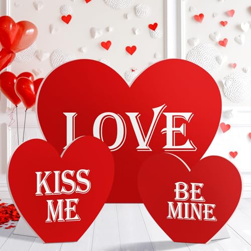Wonderjune Large Valentine's Day Heart Cardboard Stand Ups Set of 3 Sizes Photo Decoration 24in 36in 46in with Foothold Valentine's Day Photo Booth Props Valentines Photography Props Photo Props