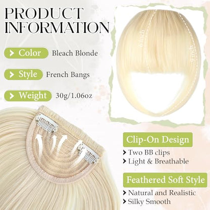 Bangs Hair Clip in Bangs, French Bleach Blonde Fake Bangs Hair Clip on Bangs for Women Fringe with Temples Hairpieces Faux Bangs for Daily Wear - color: Bleach Blonde