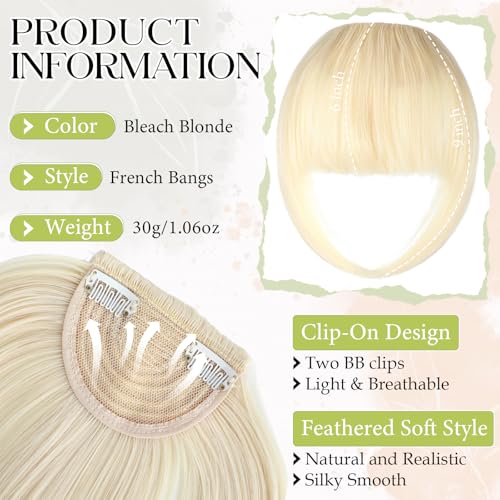 Bangs Hair Clip in Bangs, French Bleach Blonde Fake Bangs Hair Clip on Bangs for Women Fringe with Temples Hairpieces Faux Bangs for Daily Wear - color: Bleach Blonde