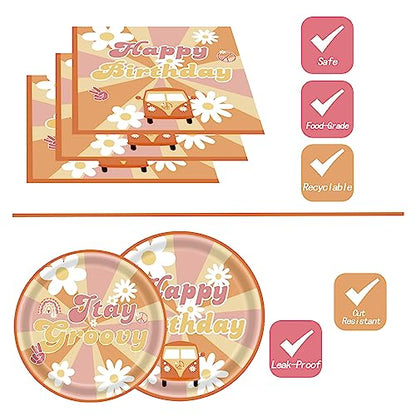 144Pcs Groovy Birthday Party Supplies Groovy Birthday Tableware Set Groovy Birthday Party Decorations Retro Boho Hippie Party Decorations Daisy Plates Napkins Cups Forks Knives Serve 24 - style: Groovy Daisy