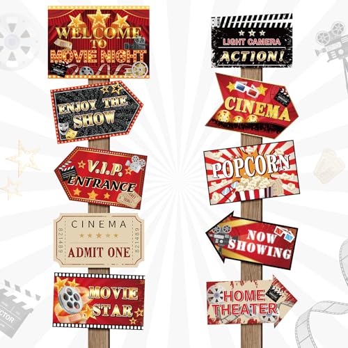 Hooqict 20 Pieces Movie Night Decorations Movie Themed Party Directional Signs for Cinema Welcome Now Showing Theater Film Birthday Party Decorations Supplies - style: Movie