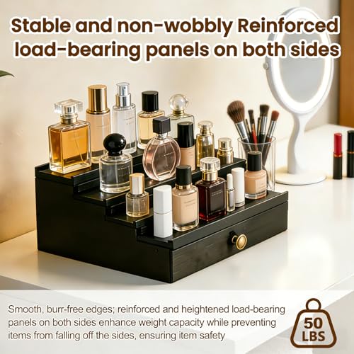 Men's Cologne Organizer 4 Tier Wooden Perfume Stand with Hidden Compartment & Bottom Drawer, Handmade Pine Wood Fragrance Display Shelf Storage for Cologne, Watches, Jewelry, Makeup Organizer