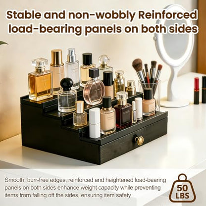 Men's Cologne Organizer 4 Tier Wooden Perfume Stand with Hidden Compartment & Bottom Drawer, Handmade Pine Wood Fragrance Display Shelf Storage for Cologne, Watches, Jewelry, Makeup Organizer