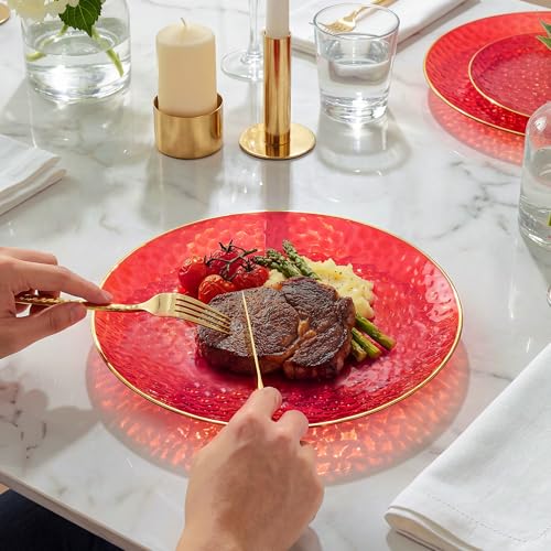 I00000 150Pcs Red Plastic Plates with Gold Rim,Fancy Plastic Plates,Red hammer patterned Disposable plates Set include 30 Dinner Plate,30 Dessert Plate,90 plastic Silverware Set for Valentine's Day - color: Clear and red