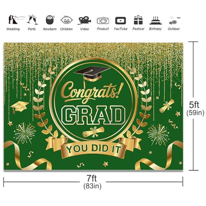 Graduation Backdrop Congrats Grad You Did It Party Decorations Background Congratulations Graduate Class of 2026 Banner Photo Booth Props (Green and Gold, 7x5ft) - color: Green and Gold