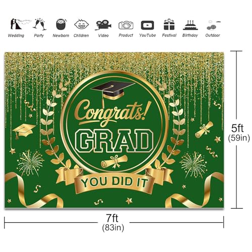 Graduation Backdrop Congrats Grad You Did It Party Decorations Background Congratulations Graduate Class of 2026 Banner Photo Booth Props (Green and Gold, 7x5ft) - color: Green and Gold