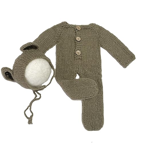 2Pcs Newborn Photography Props Boy Photo Posing Outfits Baby Photoshoots Girl Crochet Bear Hat Romper - color: Brown
