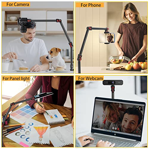 Overhead Camera Mount Desk Stand, 3-Section Flexible Detachable Articulating Arm with 1/4“ 3/8" 5/8" Screw&360° Ball Head, C-clamp Tabletop Mount for DSLR Camera/Webcam/Microphone/Lights