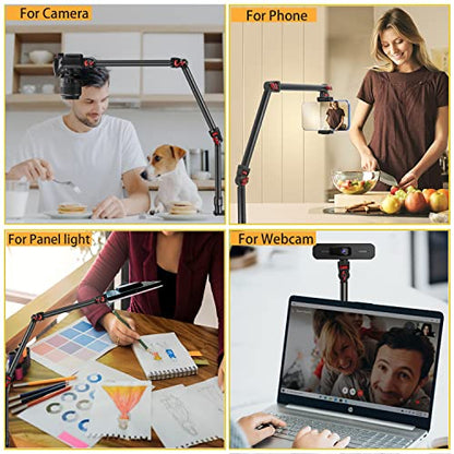 Overhead Camera Mount Desk Stand, 3-Section Flexible Detachable Articulating Arm with 1/4“ 3/8" 5/8" Screw&360° Ball Head, C-clamp Tabletop Mount for DSLR Camera/Webcam/Microphone/Lights