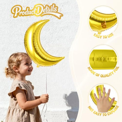 Biapian Moon and Star Balloons, 36 Inch Large Metallic Gold Moon Balloon & 18 Inch Star Foil Balloons for Ramadan Eid Baby Shower Christmas Anniversary Engagement Wedding Birthday Party Decorations - style: Moon Star