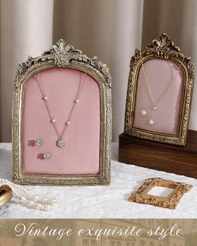 Wonderjune 2 Pcs Gold Jewelry Display Stand Vintage Necklace Organizer Ring Holder Earring Tray Resin Jewelry Photography Props Frame with Velvet Backing for Gifts(Pink,Large,Small,Elegant) - color: Pink, size: Large,Small, style: Elegant