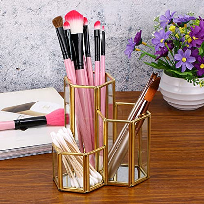 Hipiwe 3 Slots Glass Makeup Brush Holder - Gold Hexagon Cosmetics Brush Eyeliners Display Cup Home Decorative Makeup Organizer Desktop Pen/Pencil Pot Holder for Office - style: 3-Slot Hexagon,Gold