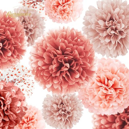 NICROLANDEE Wedding Decorations - 12 PCS Rose Gold Tissue Paper Pom Poms for Engagement Party Wedding Birthday Bridal Shower Bachelorette Baby Shower Ceiling Valentine's Day Party Backdrop Decor - style: Rose Gold