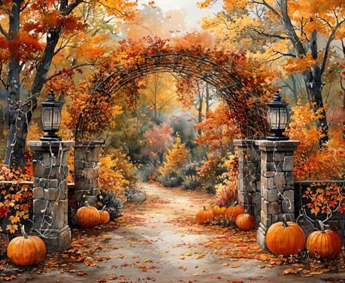 Kate Autumn Stone Arch Backdrops Pumpkin Photo Backdrop Fall Leaves Scenery Photography Backdrops for Seasonal Party Photo Studio Props, 10x8ft - size: 10x8ft