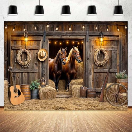 Wathon Western Cowboy Backdrop for Photography Southwest Country Ranch Photo Backdrop Retro Rustic Barn Door with Cactus Guitar Texas Photo Background Booth Video Studio Props 7X5FT - color: Horse, size: 7X5FT