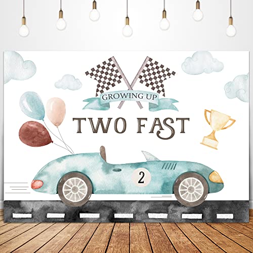 Glawry Two Fast 2nd Birthday Backdrop for Boy 7Wx5H Feet Boho Watercolor Race Car Balloons Cup Cool Cartoon Clouds Flags Road 2nd Birthday Party Decorations Photography Background Photo Booth Studio - color: Watercolor Car, size: 7Wx5H