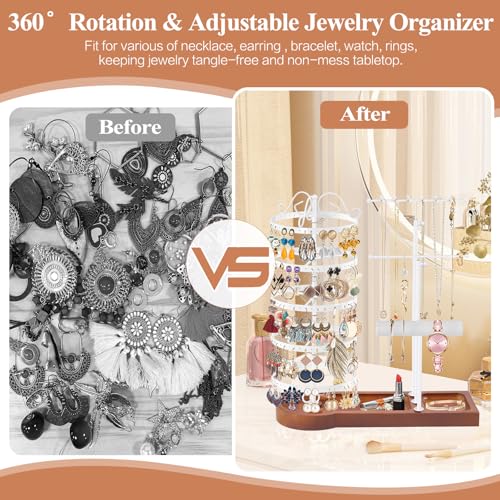 KALYLOC Jewelry Earring Holder Organizer, Adjustable 5 Tiers Rotating Earring Holder 3 Tier Necklace Holder with Wooden Base, Multi-Functional Jewelry Organizer Display Stand for Studs Bracelet Women - color: White