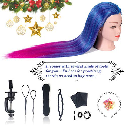Beauty Star 29 Inches 100% Synthetic Fiber Hair Training Head Cosmetology Hairdressing Mannequin Manikin Doll Head with Table Clamp Holder & DIY Hair Braid Set - color: Blue & Purple