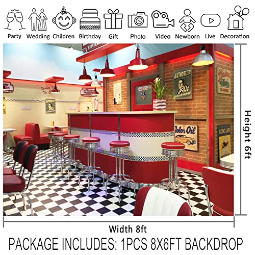 8x6ft Classic Dining Background Fast Food Soda Shop 50s Resumed Catering Meal Time Background Photography Banner Picture Child Birthday Shower Backdrop Decor BJME004 - size: 8x6ft
