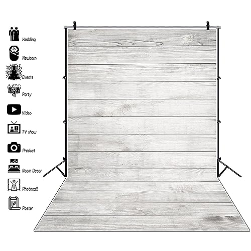 AOFOTO 6x8ft White Wood Backdrop for Photography Grey Wood Grain Board Hardwood Plank Back Drop Vintage Wooden Wall Floor Background Kid Newborn Baby Shower Birthday Adult Portrait Photo Studio Props - size: 6x8ft