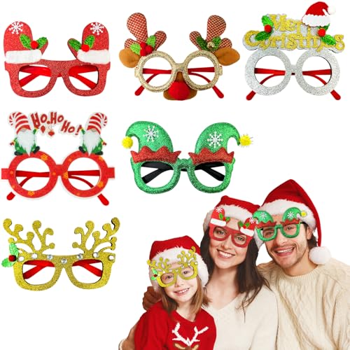Leetous Christmas Glitter Glasses 6 Pack, Xmas Eyeglasses Frame Party Gifts Accessories - One Size Fits All, Holiday Party Favors Supplies Game Prizes, Christmas Decorations Photo Props for Costume - style: 6 PCS