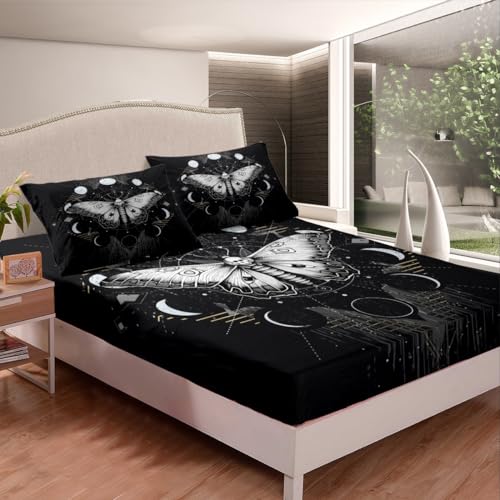 Manfei Death Moth Fitted Sheet Full Size, Gothic Skull Moth Bedding Set, Bohemian Moon Bed Cover with 2 Pillowcases, Kids Boys Girls Room Decor, Soft Polyester Bedding(No Top Sheet) - color: Black Grey, size: FULL (W54*L75*H16")