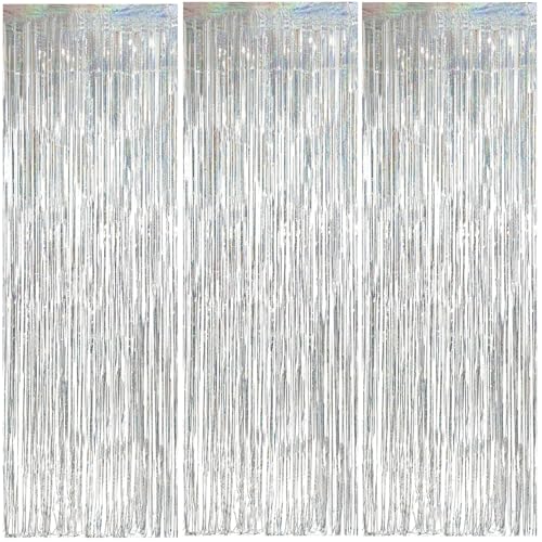 3 Pack Foil Curtain Backdrop 3.3x6.6 ft Tinsel Fringe Curtains for Parties Metallic Streamers Photo Booth Props,Wedding & Birthday,Holiday Decorations Disco,Bachelorette,Door Hanging Decor (Silver) - color: Silver