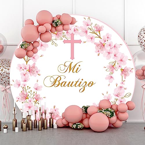 AOFOTO 7x7ft Mi Bautizo Round Backdrop Pink Floral Blossom Cross God Bless Girls First Holy Communion Christening Circle Photography Background Mexican Baptism Newborn Baby Shower Party Decor - color: Pink, size: 7x7ft