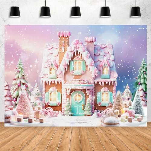 7x5ft Happy Christmas Day Candy House Backdrop Pink Mint Green Sweet Candy Cottage Xmas Tree Background for Photography Winter Baby Shower Birthday Cake Table Decoration Photo Booth Props