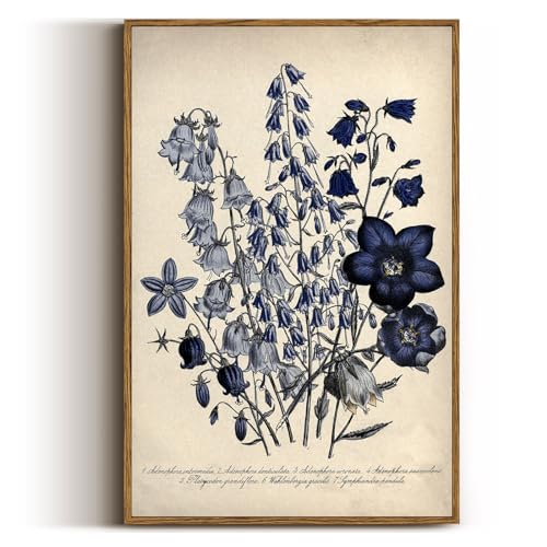 VIYYIEA Vintage Framed Botanical Wall Art Decor, Living Room Bedroom Blue Campanula Pictures Retro Wall Decor, Framed Canvas Prints Artwork, Farmhouse Flower Paintings,16x24 Inch - color: Blue Antique Campanula, size: 24"L x 16"W