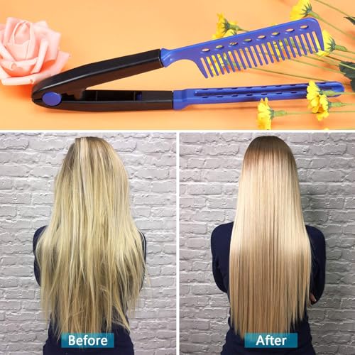 2 Pieces Flat Straightening Comb Salon Hair Brush Comb Hairdressing Styling Straightener V-shaped Straight Straightener(Rose Red, Blue) - color: Rose Red, Blue