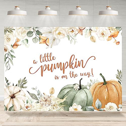 Little Pumpkin Baby Shower Backdrop Fall Autumn White Floral Leaves Photography Background Kids Girls Newborn Baby Shower Party Party Decorations Supplies Banner Photo Studio Booth Props 7x5ft