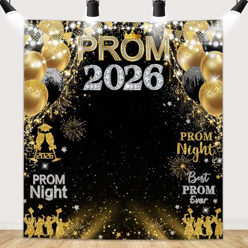 MEHOFOND Prom 2026 Backdrop for Photoshoot Black Gold Graduation Congrats Grad Photography Background Banner for Prom Night Party Decor Favors Supplies - color: Black