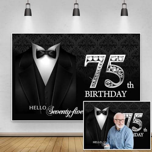 5x3ft Happy 75th Birthday Backdrop Gentleman Black Tuxedo Suit Necktie Hello Seventy Five Photography Background for Men Father Grandpa Birthday Party Decorations Cake Table Banner Vinyl - color: black silver 75, size: 5x3ft