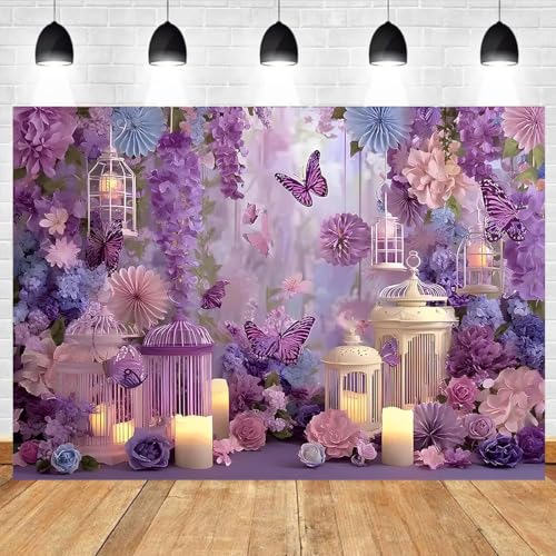 Purple Pink Flower Backdrop Lavender Wisteria Floral for Parties Wedding Butterfly Candlelight Glitter Background Girl Birthday Decoration Engagement Ceremony Photo Studio Props (B, 7X5FT) - color: B, size: 7X5FT