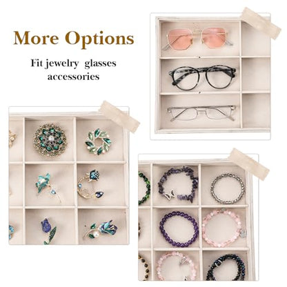 Stackable Jewelry Organizer Trays for Drawers, 2Pcs 12 Grid Velvet Jewelry Display Tray, Soft Light Jewelrys Display Case for Selling Necklace Earring Ring Watch, Beige, 13.8x9.5x1.2inch
