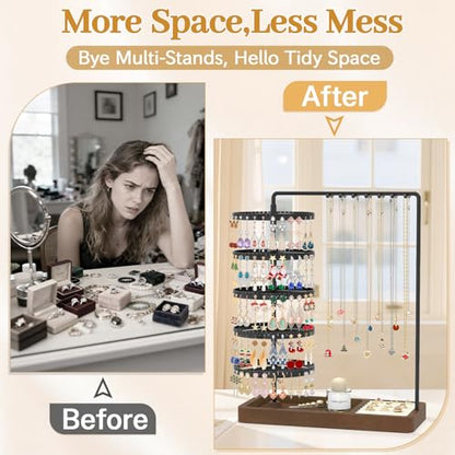 MODOWEY Earring Holder Organizer Jewelry Stand, 285 U-Slots Adjustable Rotating Earring Tree Rack, 14 Hooks Tall Necklace Display for Women, 5 Tier Compact Large Capacity Tower with Ring Tray, Black - color: Black-Brown