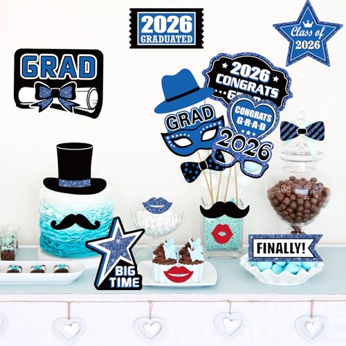 Blulu 24 Pieces 2026 Graduation Party Photo Booth Props Kit, Funny Graduation Party Selfie Props, Selfie Photo Frame for High School and College Grad Favors Supplies(Blue) - color: Blue