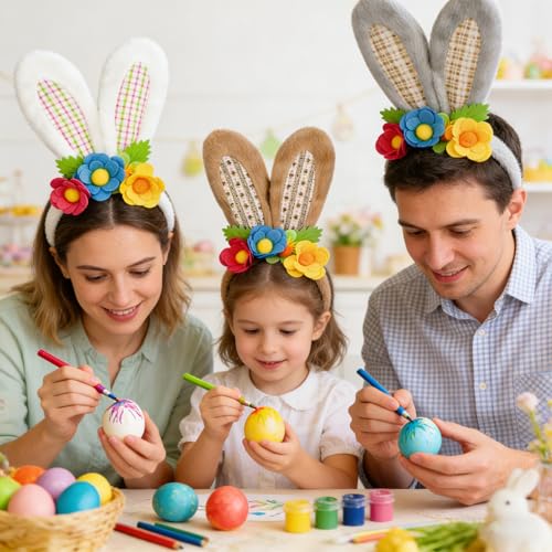 3 Pack Luxurious Easter Bunny Ears Headband Cute Plush Rabbit Ears for Kids Adult Cosplay Birthday Party Supplies - color: 3pcs Headband With Flowers-2