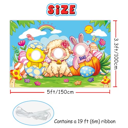 Easter Face in Hole Backdrop 5 x 3.3 ft, Baby Chick Sheep Bunny Face Cutout Photo Props, Happy Easter Party Photography Background, Spring Party Bunny Decoration Kids Photo Booth Props