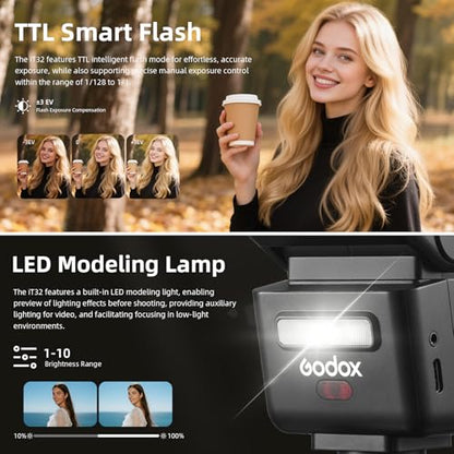 Godox IT32 TTL Camera Flash with X5N Wireless Flash Trigger/Magnetic Hotshoe for Nikon, Touchscreen 2.4G Wireless TTL&HSS, LED Modeling Light, with Reflector and Diffuser
