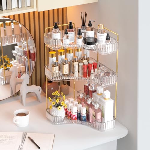 GTI 3-Tier Corner Bathroom Counter Organizer, Large Capacity Makeup Organizer Countertop, Perfume Cosmetics Skincare Vanity Organizers, Exquisite Countertop Storage for Women (Clear) - color: Clear, size: 10" x 10" x 17.5"
