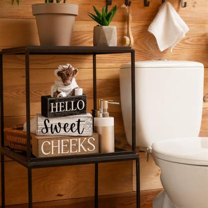 Moucuny 4 Pcs Bathroom Shelf Decor Highland Cow Farmhouse Bathroom Decor and Accessories Rustic Eucalyptus Leaves Hello Sweet Cheeks Highland Cow Sign Western Table Centerpiece for Home Office Toilet - style: Bathroom Highland Cow